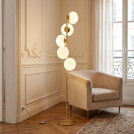Stehleuchte Glas Metall 160 cm hoch in Gold Weiß Modern 5x E27 Stehlampe Wohnzimmer