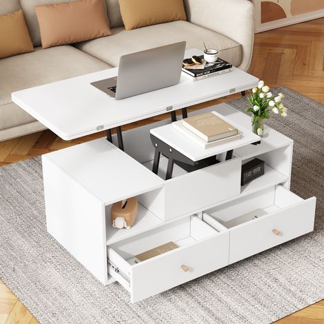 Mesa elevable de MDF blanca 100 x 50 x 47,5 cm, plegable y convertible, 4 cajones (1/5)