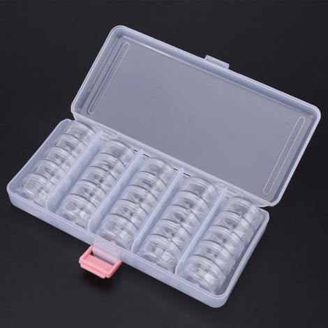 25 petits pots ronds transparents en plastique pour ranger des perles de bijoux, avec une boîte rectangulaire intégrée. (1/5)