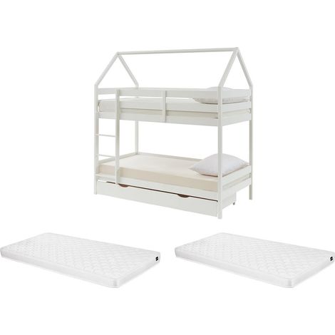 Lits superposés cabane 2 x 90 x 190 cm - 2 tiroirs - Pin - Blanc + Matelas - CHORI (1/5)