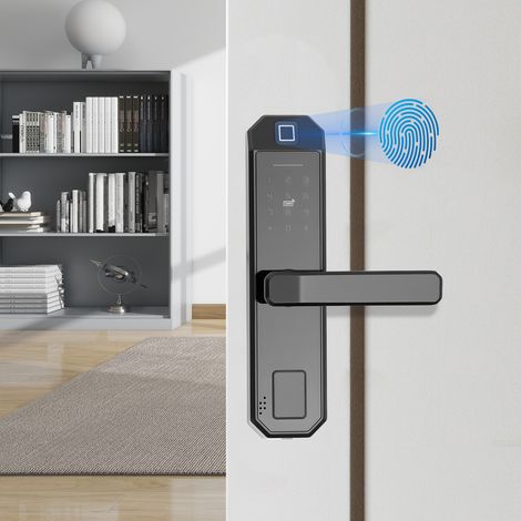 Serrure de porte intelligente à empreintes digitales, serrure de porte intelligente en alliage d'aluminium, Écran tactile,déverrouillage des empreintes digitales/cartes/clé/code (1/5)