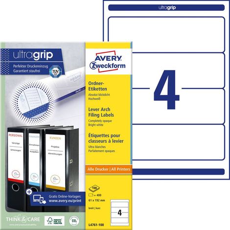 Avery-Zweckform Etichetta per raccoglitore da ufficio L4761-100 61 x 192 mm Carta Bianco A tenuta permanente 400 pz. (1/5)