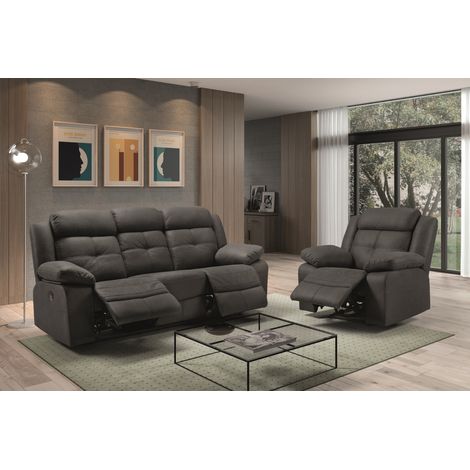 Canapé de 3 places, 2 relax électriques en tissu couleur Gris foncé fil blanc - Longueur 217 x Profondeur 90 x Hauteur 104 cm