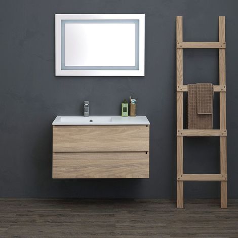 Mueble De Baño 90Cm Roble Con Lavabo Asimétrico Y Espejo Led Valentina (1/5)