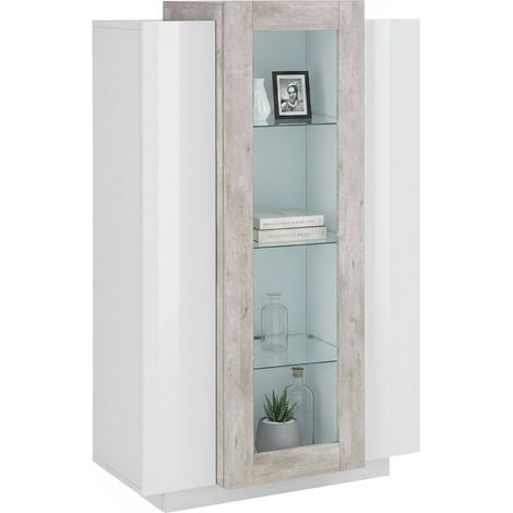 Dmora - Vitrina Dfrutt, Aparador con tres puertas, Mueble de salón multiusos, 100% Made in Italy, cm 80x38h121, Blanco brillo y Cemento