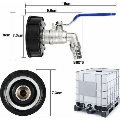Raccord de vidange pour réservoir IBC, robinet S60x6. Robinet pour réservoir IBC 3/4 pouce, raccord de réservoir, raccord de réservoir d'eau, robinet à bille. (1/3)