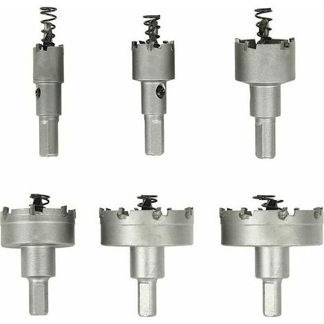 Juego de 6 brocas de corona de carburo con vástagos hexagonales para perforación en metal, madera e industria. (1/5)