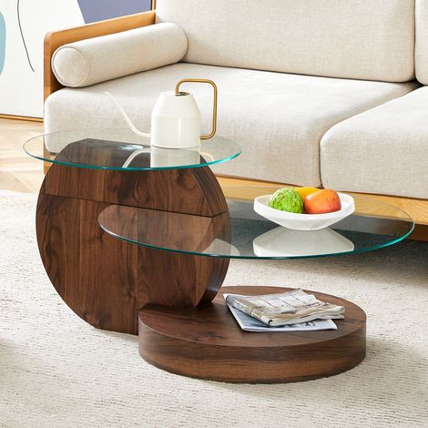 Couchtisch aus gehärtetem Glas und MDF in Walnussoptik, modern, runde Ablagen 50/70 cm (1/5)