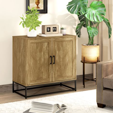 Buffet meuble de rangement 2 portes avec étagère intérieur réglable en hauteur 80l x 40P x 78H cm. bois naturel