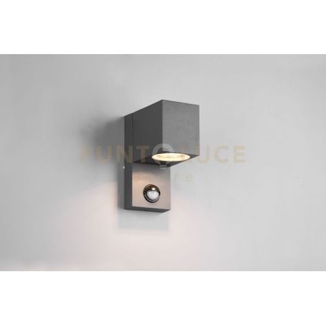 ROYA APPLIQUE DA ESTERNO FUSIONE ALLUMINIO SQUADRATA ANTRACITE CON SENSORE DI MOVIMENTO IP44 H.15CM 1 LUCE ATTACCO GU10