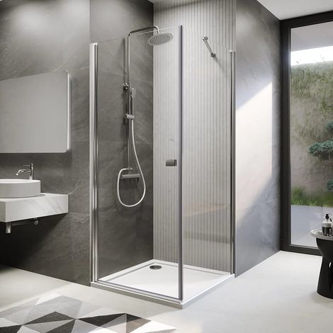 Cabine de douche 70x90 cm avec ouverture battante et paroi fixe profilés chromés et verre transparent de 8 mm h195 Fiji (1/3)