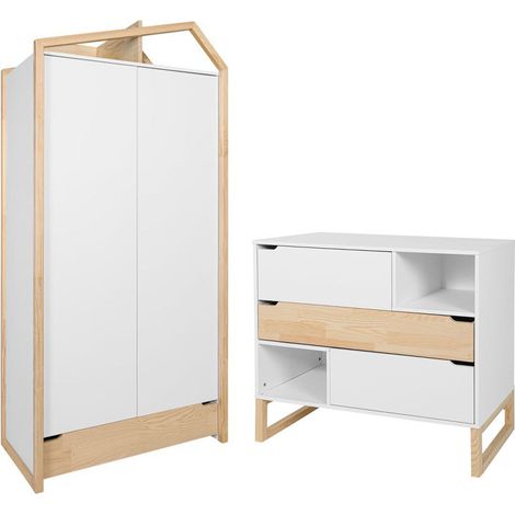 Kommode mit 3 Schubladen und 2-türiger Kleiderschrank Bellamy Juliette Weiß und Holz (1/5)