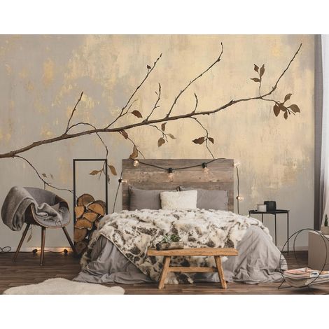Vlies Fototapete Natur 150x105 cm, Tapeten, für Wohn und Schlafzimmer, Vliestapete Wandtapete Tapete 3D Effekt- inkl. Kleister - Zweige Äste Beige Baum, WallArena