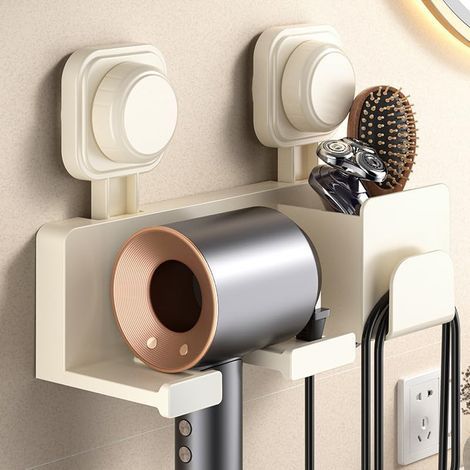 Support mural pour sèche-cheveux, étagère utilitaire en plastique blanc laiteux, rangement moderne avec ventouse, sans perçage, 23 x 10 x 17 cm (1/4)