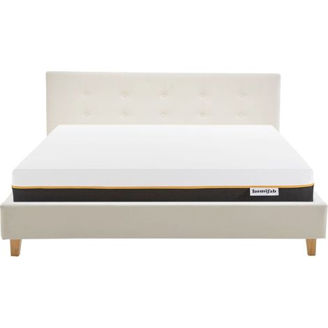 Ensemble Lit adulte 140x190cm avec tête de lit en velours beige - Milo + Matelas mémoire de forme - Dual Confort (1/5)