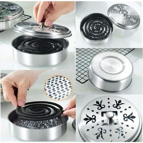 1x Support de Bobine de Moustique, Acier inoxydable, Design creux, Cendrier rond, Pour maison et camping (1/4)