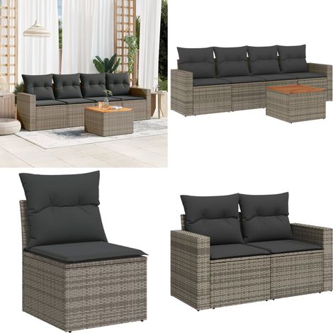 5-tlg. Garten-Sofagarnitur mit Kissen Grau Poly Rattan - Gartenmöbel - Esszimmergarnituren - Outdoor Möbel - Lounge Set - Rattan Gartenmöbel - Home & Living (1/5)