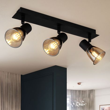 Deckenleuchte Wohnzimmerleuchte Metall Holz Glas schwarz matt 3-Flammig L 40 cm
