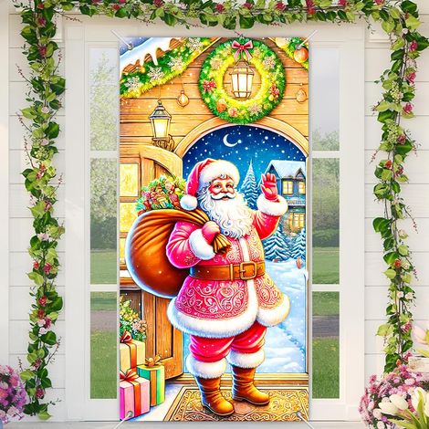 Décorations de Noël 2026 - Drapeaux, nœuds, décorations de Noël, rideaux de porte - 90 x 190 cm (taille élastique) - QL-23
