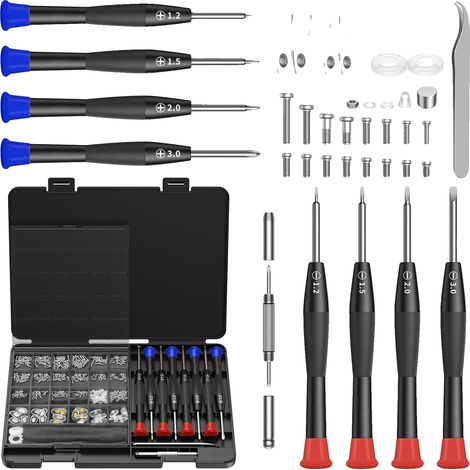 Kit di riparazione per occhiali, in acciaio al cromo-vanadio, composto da 8 cacciaviti di precisione, 16 viti per occhiali, 12 paia di naselli in silicone e pinzette curve. (1/5)