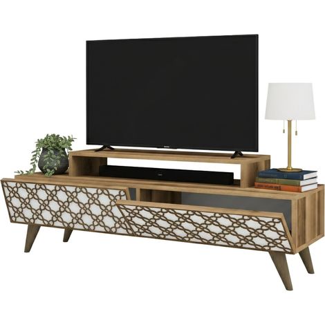 Dmora - Fernsehschrank Dpierobo, Ständer für Wohnzimmerfernseher, Niedriges Wohnzimmer-Sideboard, TV-Ständerbasis, 140x42h49 cm, Walnuss und Weiß