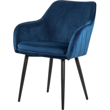 Chaise de salle à manger en velours bleu avec accoudoirs et pieds en métal noir - PANGIVO (1/5)