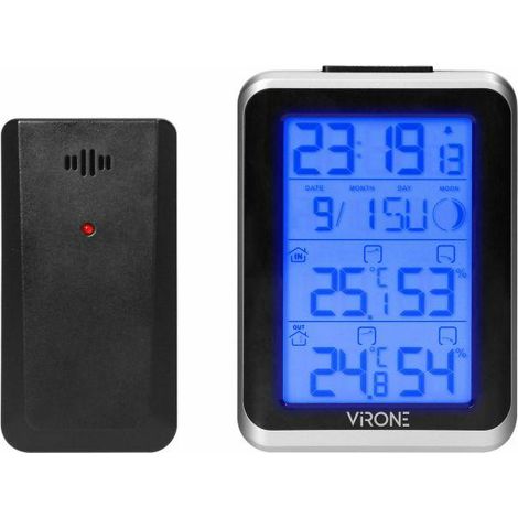 Stazione meteo digitale wireless con sensore esterno: termometro per temperatura interna ed esterna, umidità, fasi lunari, ora e allarme, visualizzazione delle tendenze.