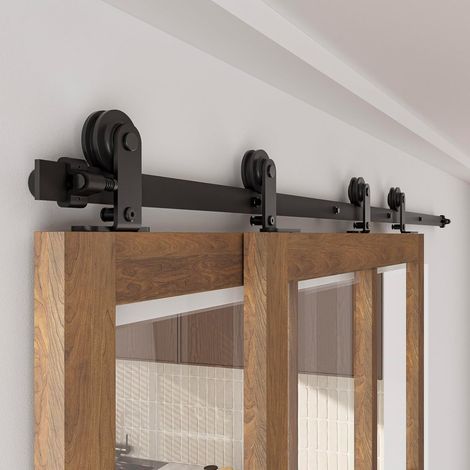 6FT/183CM Rail Porte Coulissante Systeme Quincailleri Ensemble pour Bypass Double Portes Interieur Facile Installer, Forme T noire (1/5)