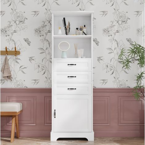 Badezimmerschrank MDF Weiß 56 cm mit 3 Schubladen, offenem Regal und Staufach (1/5)