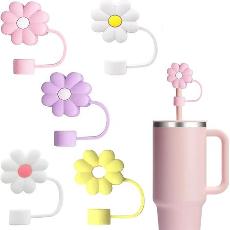 5 Pièces Couvercle Paille, Silicone, Fleur, 10 mm, Antipoussière, Réutilisable, pour Tasse Stanley 30 40 oz (1/5)