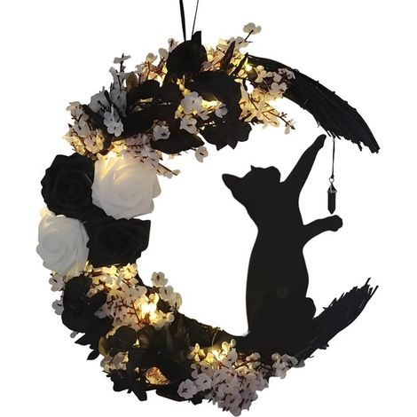Couronne de porte Halloween - Motif chat et lune - Décoration d'automne - En plastique sans entretien - Pour porte extérieure et ambiance festive (1/5)