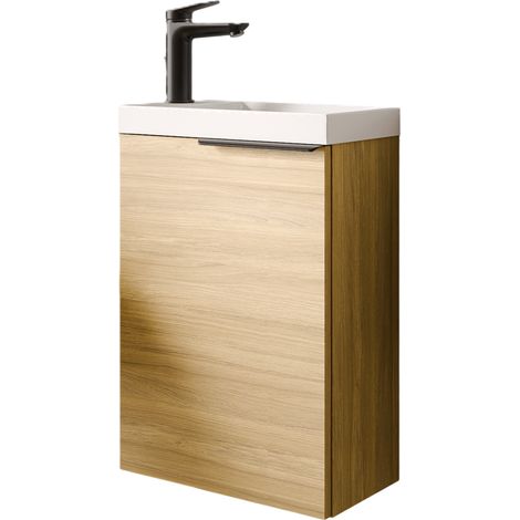 BERNSTEIN - Pensile in legno laccato con lavabo in ceramica con anta + maniglia in metallo nero opaco - 40,5x22x55cm - TIM 400 - Rovere sbiancato Rovere grigio nebbia, Nero opaco (1/5)