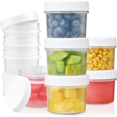 Juego de 12 vasos de almacenamiento, 160 ml, recipientes para alimentos con tapa, tarros para salsas, aderezos, condimentos, yogur, reutilizables, aptos para congelador, 7 x 7 x 6 cm, transparentes. (1/5)
