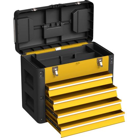 Boîte à outils vide, 49,7 x 25,3 x 40,7 cm, boîte à outils à 4 tiroirs, mini-boîte, acier, jaune