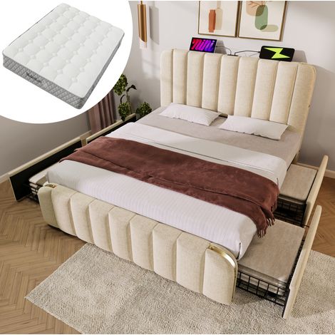 DESVIAE Lit double rembourré avec matelas 140 x 200 cm tête de lit avec ports USB et USB C 4 tiroirs rangement tissu beige lattes en bois et structure métal (1/5)