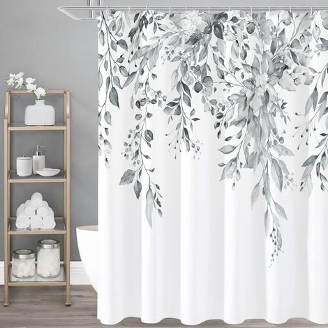 Grey Eucalyptus Shower Curtain, Watercolor Plant Leaves and Flowers Bathroom Shower Curtain 180×180cm (1/5)