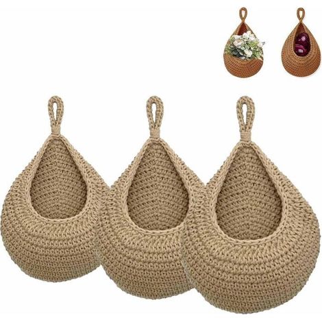 Panier mural en jute tressé à la main – Lot de 3 paniers suspendus en forme de goutte d'eau – Rangement fruits et légumes po (1/5)