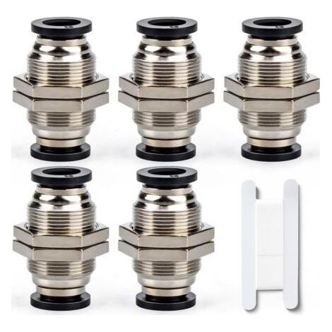 5 Pcs 10mm Bulkhead Union x 10mm Tube OD Push pour connecter Le raccord de Tube, Laiton nickelé Rapide pneumatique KPM10 Connect raccord d’air (1/4)