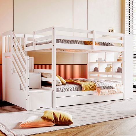 Kinder- und Jugend-Etagenbett 90 x 200 cm aus Kiefernholz, mit Sicherheitstreppe, Stauraumfächern, Stauraumschubladen, hohem Zaun und Lattenrost, Weiß
