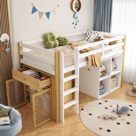 Cama alta infantil 90x200 cm de madera natural y blanco, con almacenaje FloraGrace (1/5)