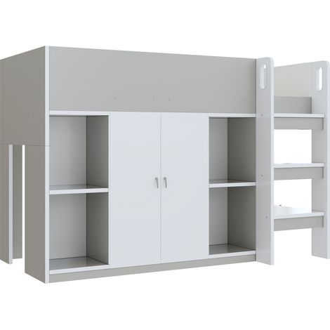 CAIziLit mezzanine multifonctionnel 90200 avec espace de rangement, armoire et étagères – lit enfant avec échelle et structure robuste, gris