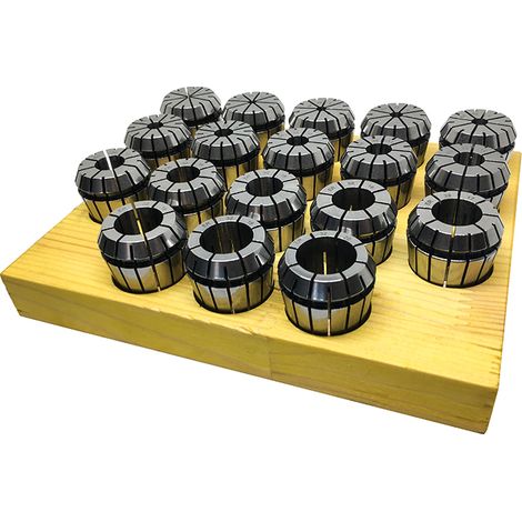 Serie di 18 pinze ER 32 per frese da 3 a 20 mm su zoccolo di legno PRT Tools