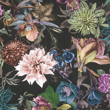 Carta da parati floreale Profhome 381757 Tappezzerie lisce in tessuto non tessuto con ornamenti floreali opaca nero rosa blu-turchese verde-oliva 5,33 m2