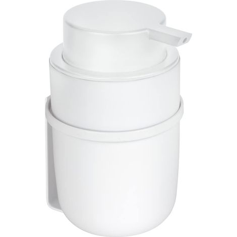 Distributeur de savon à pompe en plastique à fixer sans percer sur surface lisse, jusqu'à 250 ml de savon liquide, support mural en métal, blanc (1/5)