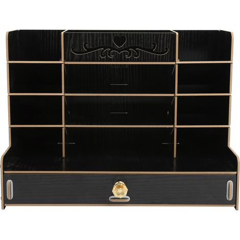 Boîte de Rangement en Bois pour Bureau - Organisateur de Stylos et Fournitures de Bureau Moderne - Noir (1/5)