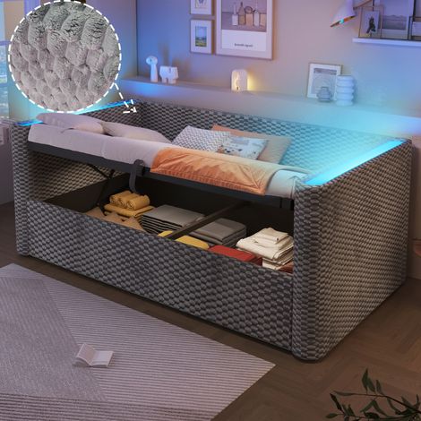 Letto 90x200 cm grigio con LED e contenitore idraulico, senza materasso (1/5)