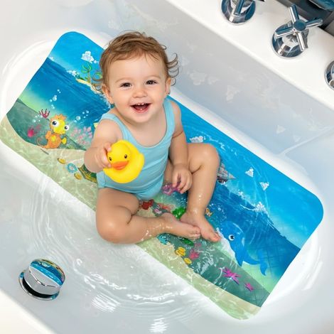 Tapis de baignoire antidérapant pour enfants et tout-petits, adapté aux bébés, tapis de douche antidérapant – Expérience amusante et sûre pour le bain, 86 x 39 cm (bleu océan) (navires) (1/5)