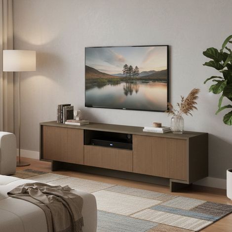 Dmora - Mueble TV Andromeda, Mueble TV para salón, Aparador bajo de salón con 2 puertas y 1 cajón, 100% Made in Italy, 170x42h48 cm, Marrón y Nogal (1/5)