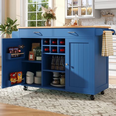 Desserte de cuisine multifonctionnelle 102x45x92cm avec rangement intégré, îlot moderne et chariot repas pratique, armoire buffet salon en style bois, couleur bleu (1/5)