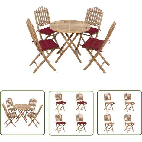 The Living Store 5-tlg. Garten-Essgruppe mit Kissen Klappbar Bambus - Bambus Möbel - Gartentisch - Gartenstühle - Esstisch - Esszimmerset